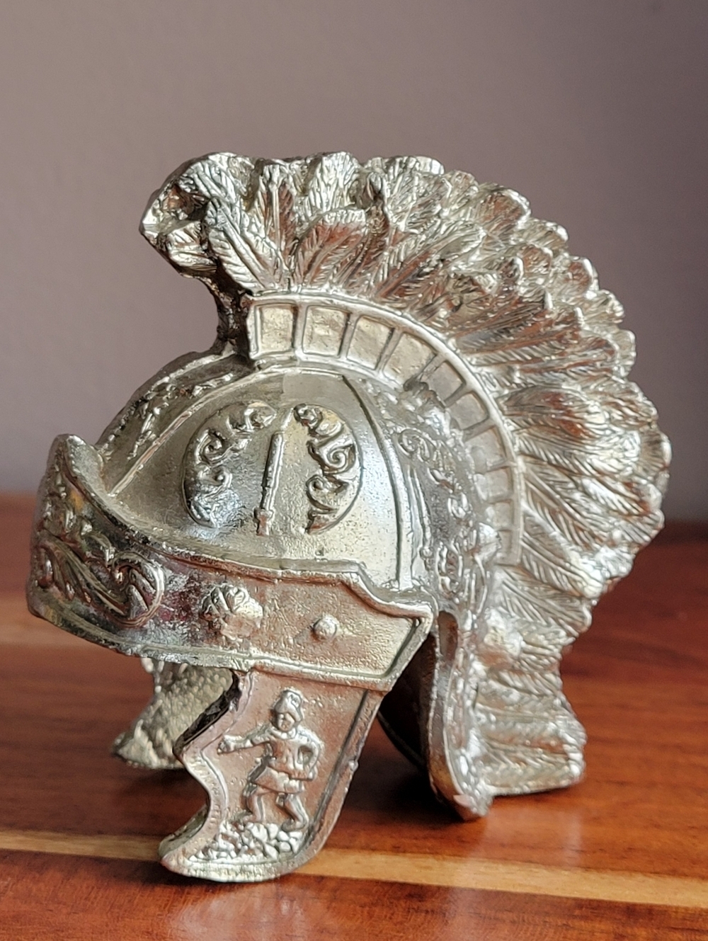 Small Ornate Replica Warriors Helmet with Feathers Resin coated Heavy Metal